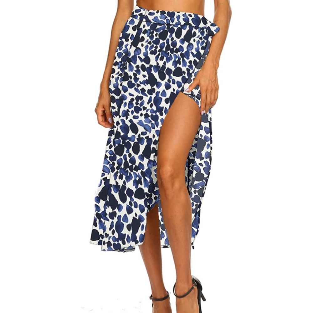 Navy Leopard Split Midi Wrap Skirt